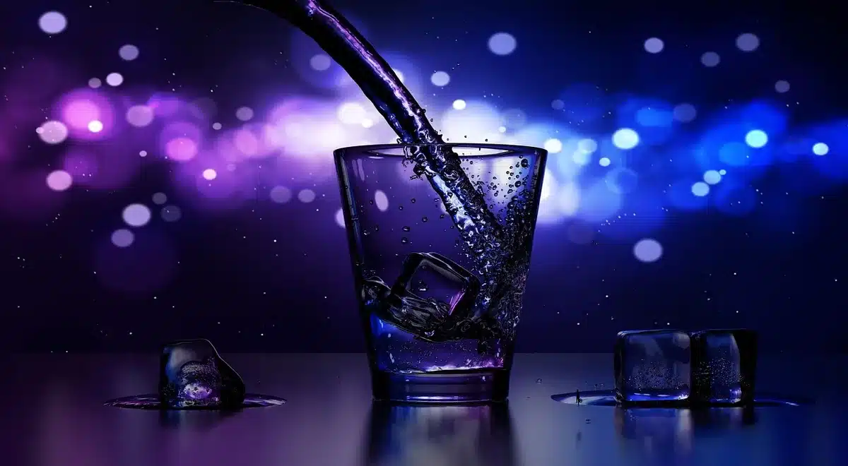 Verre rempli d'eau gazeuse avec bulles visibles